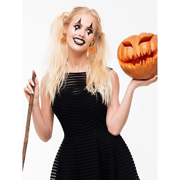 Women Orange Cute Pumpkin Ghost Beaded Dangle Earrings Spooky Skull Halloween - Picture 2 of 8